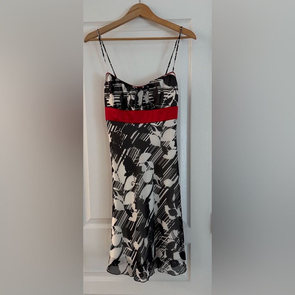 Black and White Floral Dress with Red Accent